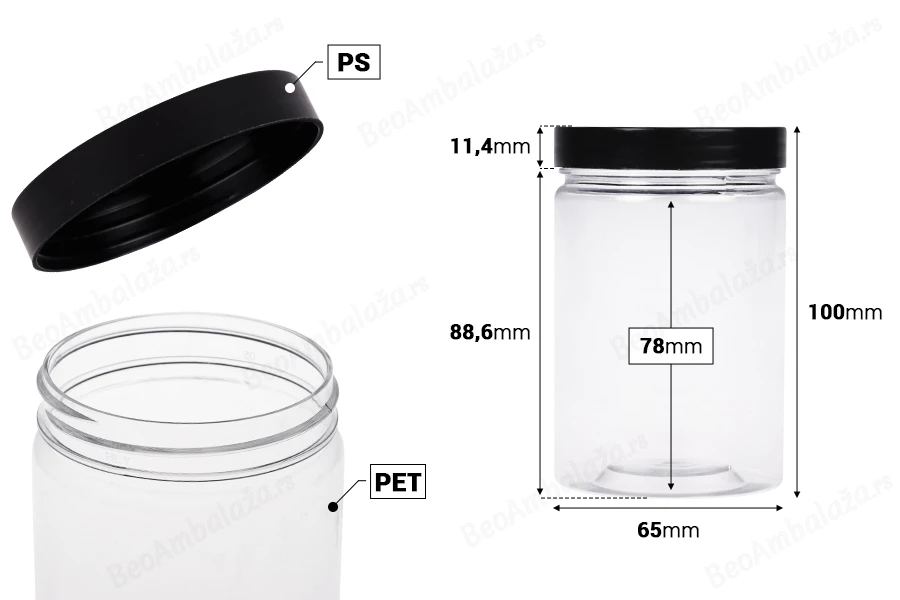 Plastična PET kutija 250mL za soli za kupanje, sa crnim zatvaračem 65x100 mm-dimenzije_slike