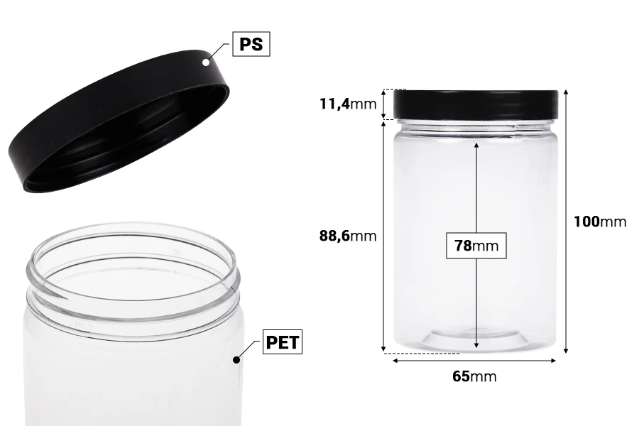Plastična PET kutija 250mL za soli za kupanje, sa crnim zatvaračem 65x100 mm Plastična PET kutija 250mL za soli za kupanje, sa crnim zatvaračem 65x100 mm