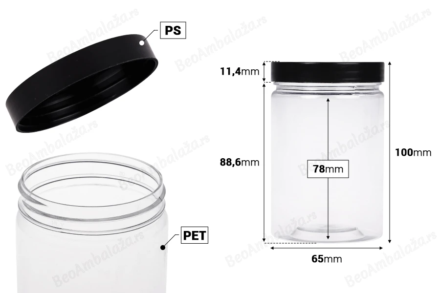 Plastična PET kutija 250mL za soli za kupanje, sa crnim zatvaračem 65x100 mm-dimenzije_slike