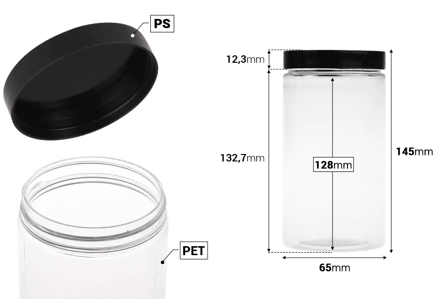 Plastična PET kutija 400mL za soli za kupanje, sa crnim zatvaračem 65x145 mm-dimenzije_slike