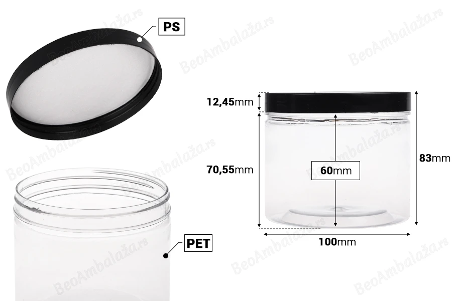Plastična PET kutija 500mL za soli za kupanje, sa crnim zatvaračem 100x83 mm-dimenzije_slike