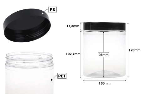 Plastična PET kutija 750mL za soli za kupanje, sa crnim zatvaračem 100x120 mm-2