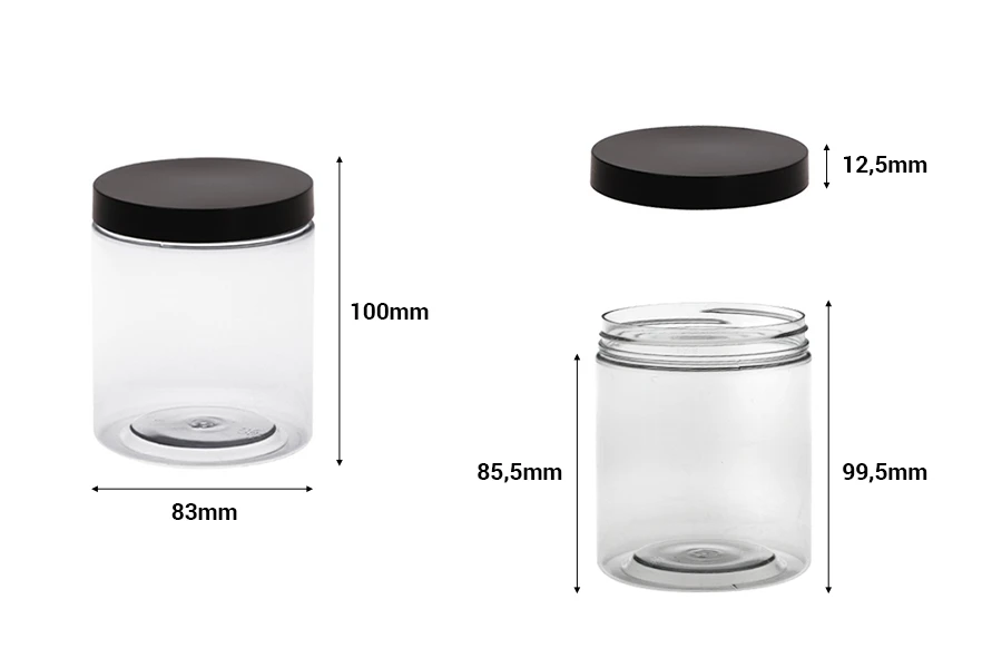 Plastična PET kutija 500mL za soli za kupanje, sa crnim zatvaračem 83x100 mm