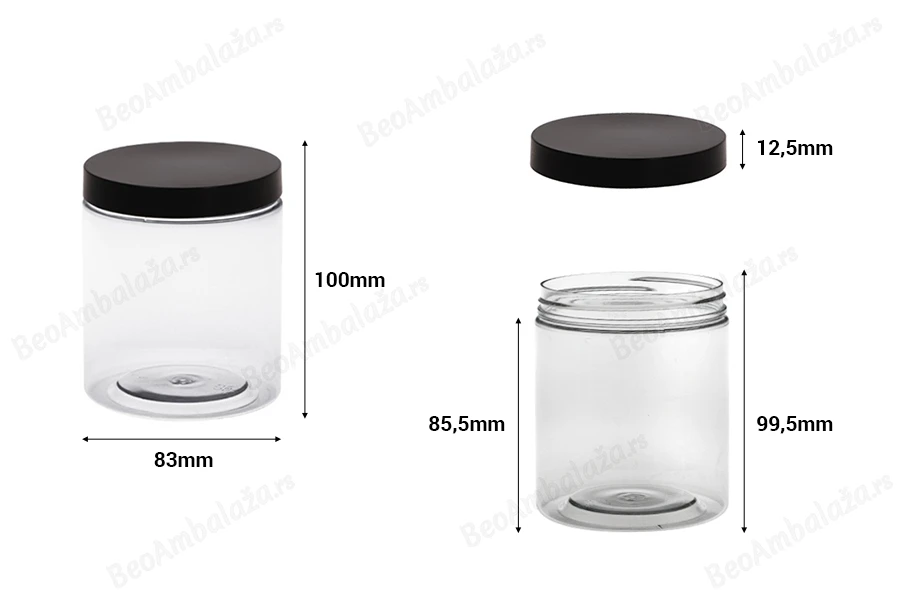 Plastična PET kutija 500mL za soli za kupanje, sa crnim zatvaračem 83x100 mm-dimenzije_slike