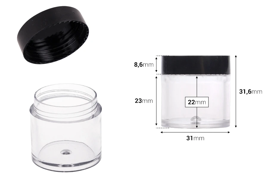 Plastična providna kutijica 10mL sa crnim zatvaračem - 12 kom-dimenzije_slike