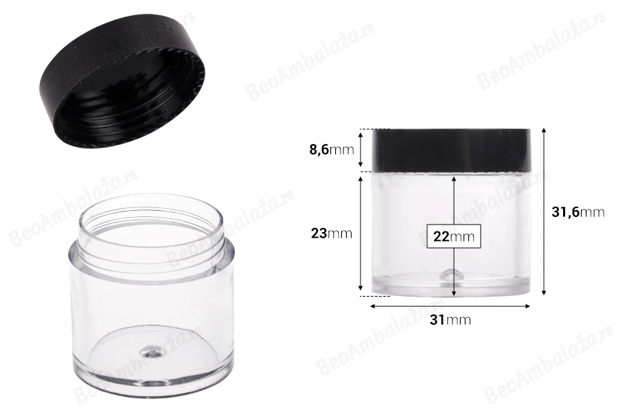 Plastična providna kutijica 10mL sa crnim zatvaračem - 12 kom-dimenzije_slike