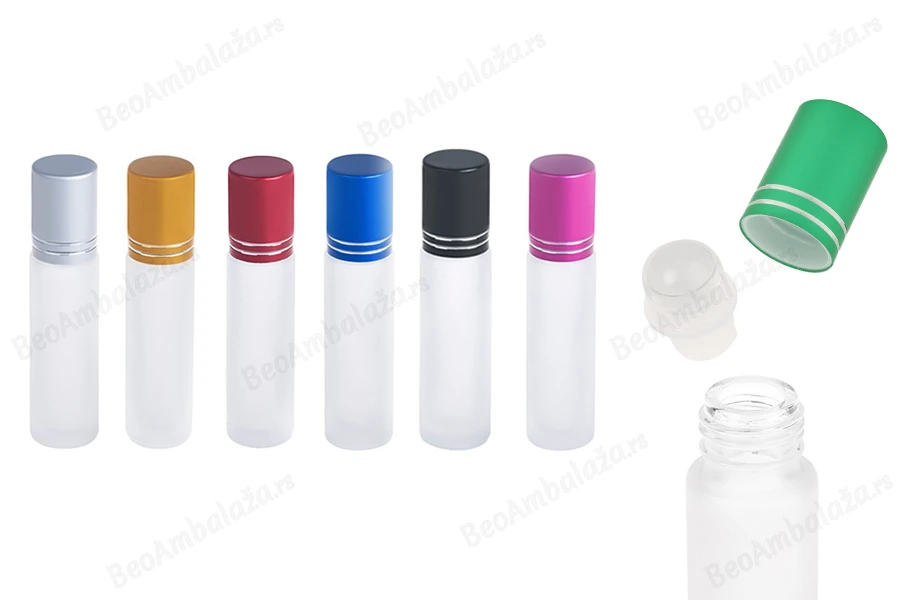 Staklena peskirana roll-on bočica 10mL sa staklenom kuglicom i zatvaračem u raznim bojama - 12 kom-slika_proizvoda