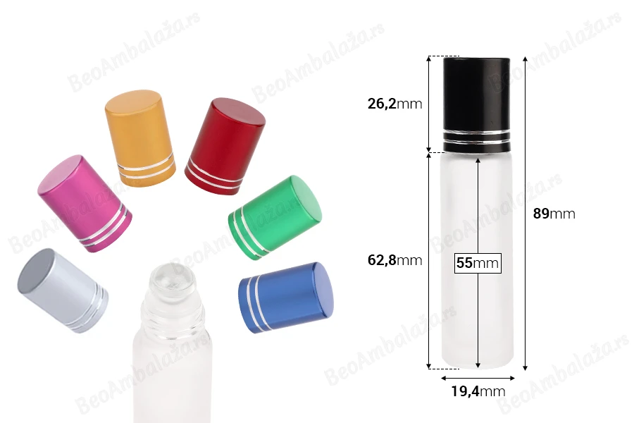 Staklena peskirana roll-on bočica 10mL sa staklenom kuglicom i zatvaračem u raznim bojama - 12 kom-dimenzije_slike
