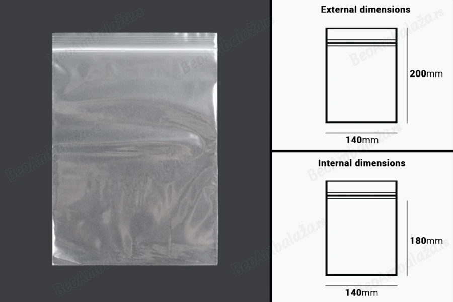 Plastična kesica 140x200mm, providna i sa belim zip zatvaračem - 100 kom-dimenzije_slike