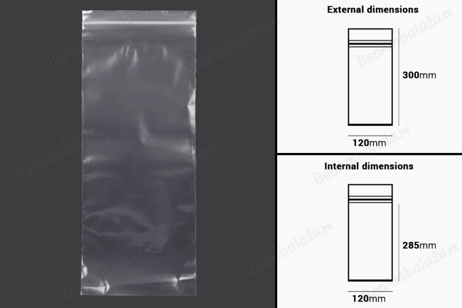 Plastična kesica 120x300mm, providna i sa belim zip zatvaračem - 100 kom-dimenzije_slike