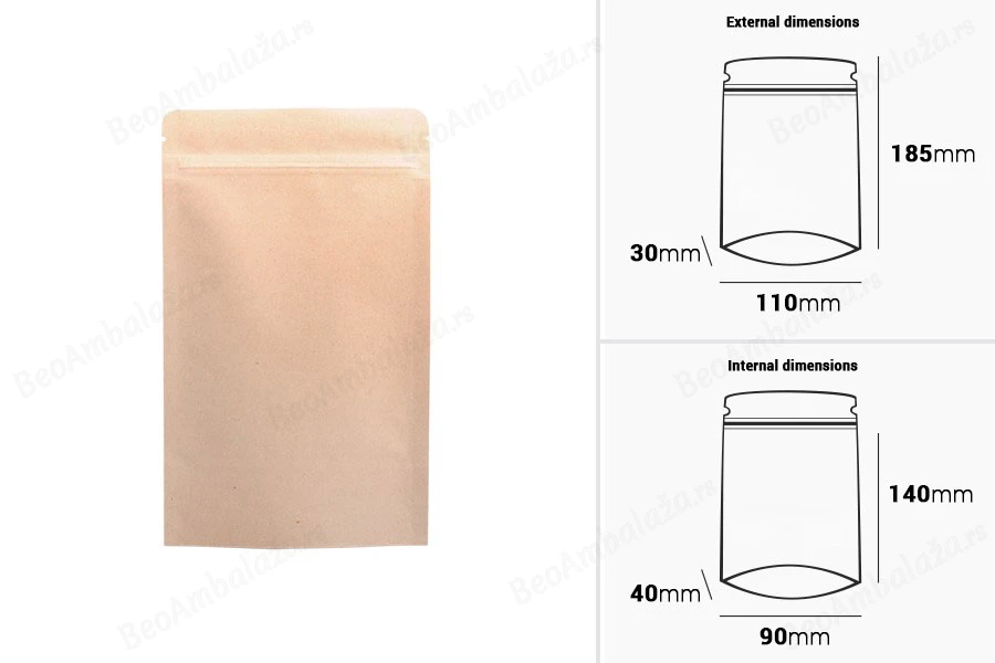 Kraft DoyPack kesice 110x30x185 mm sa zip zatvaranjem, unutrašnjom aluminijumskom oblogom, ovalnim dnom i sa mogućnošću termo zatvaranja – 50 kom-dimenzije_slike