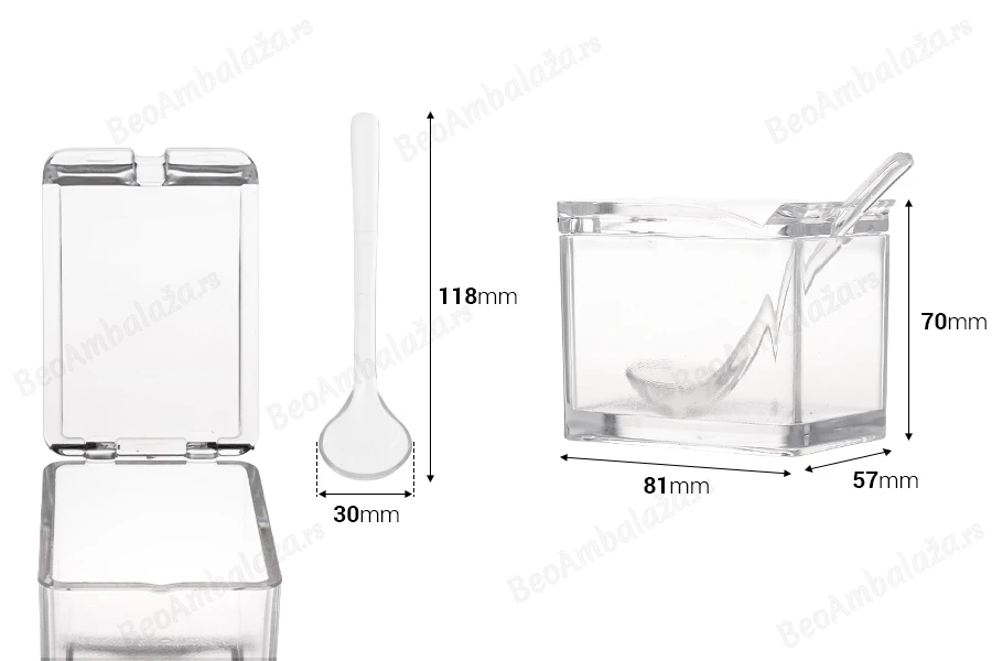 Plastična providna kutijica 81x57x70 mm sa ugrađenim poklopcem i kašičicom (dužina 118 mm) za slatkiše i začine-dimenzije_slike