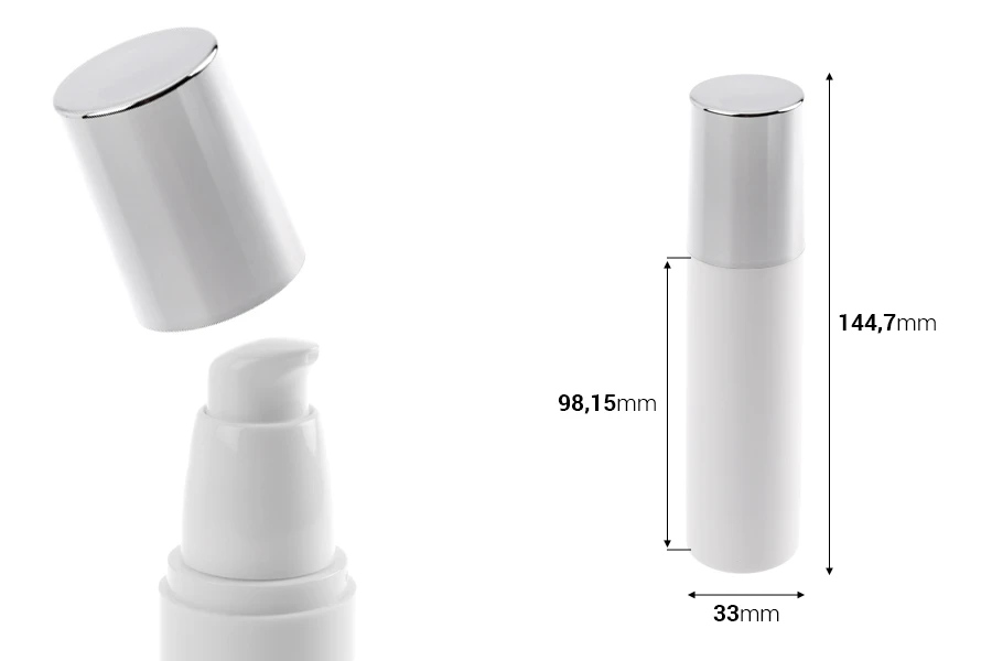 Airless bela bočica 50mL za kreme sa srebrnim zatvaračem Airless bela bočica 50mL za kreme sa srebrnim zatvaračem