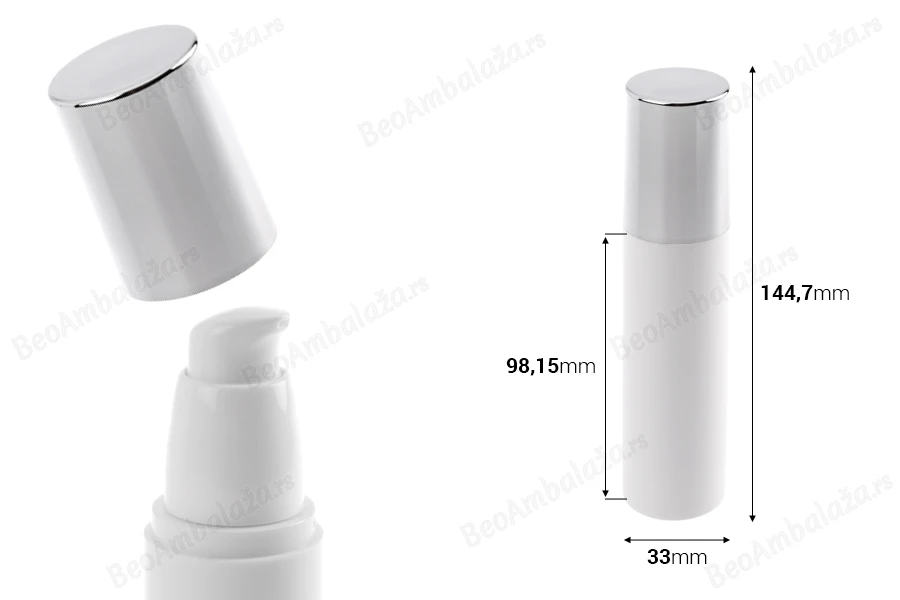 Airless bela bočica 50mL za kreme sa srebrnim zatvaračem-dimenzije_slike
