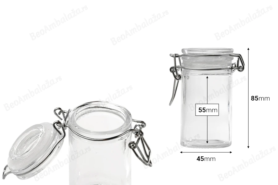 Staklena okrugla teglica 60mL, sa staklenim poklopcem sa hermetičkim zatvaranjem (žicom i gumicom)-dimenzije_slike