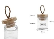 Staklena okrugla teglica 40mL, sa drvenim poklopcem i zakačkom-dimenzije_slike