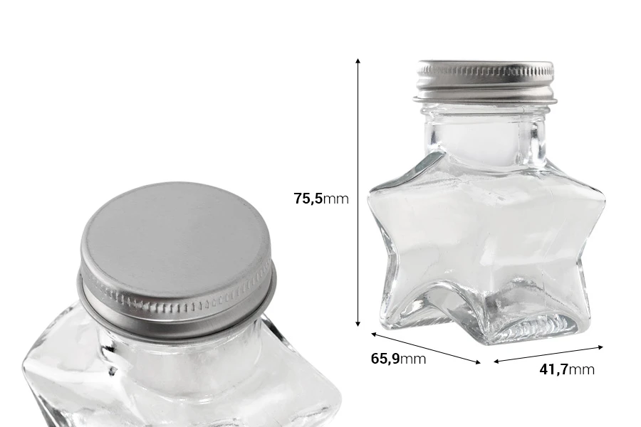 Staklena teglica 60mL u obliku zvezde sa aluminijumskim zatvaračem sa zaptivkom, u srebrnoj boji-dimenzije_slike
