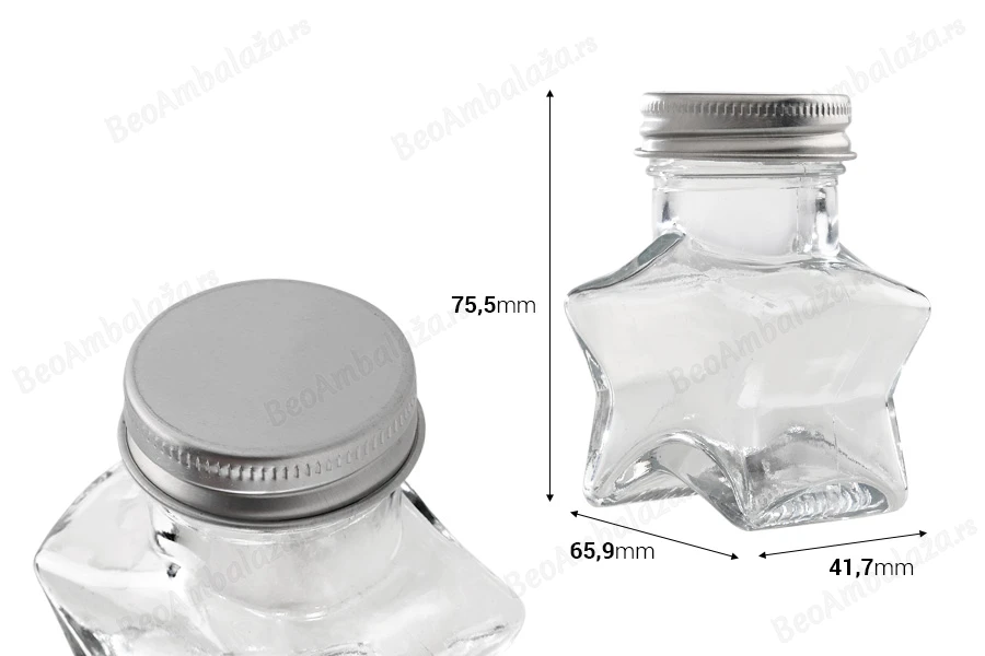 Staklena teglica 60mL u obliku zvezde sa aluminijumskim zatvaračem sa zaptivkom, u srebrnoj boji-dimenzije_slike