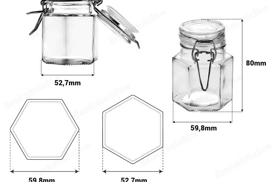 Staklena šestougaona teglica 100mL sa staklenim poklopcem hermetičkim zatvaranjem (žicom i gumicom na poklopcu)-dimenzije_slike