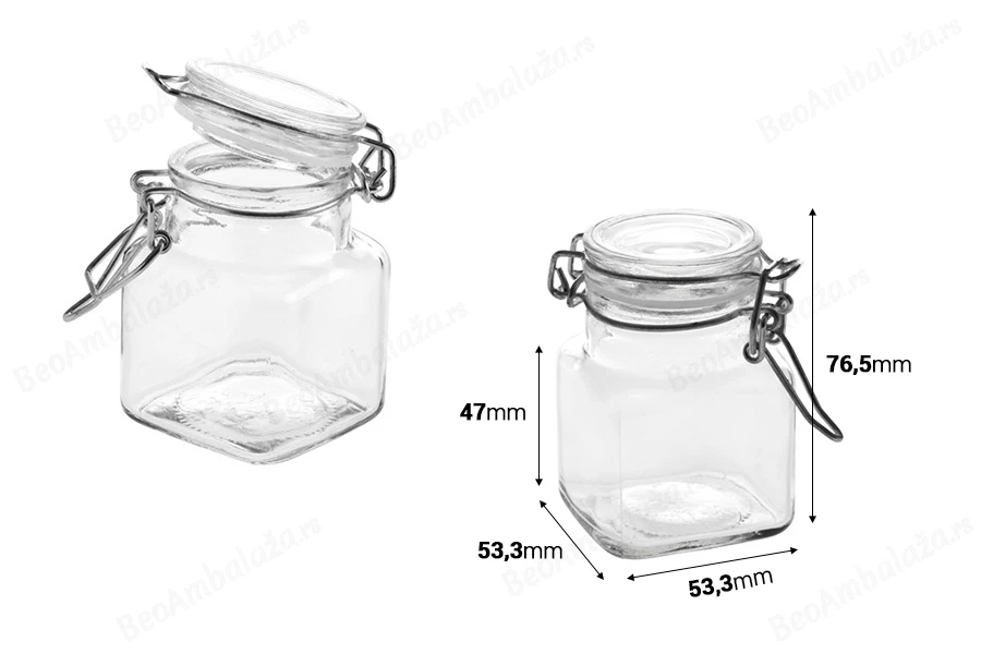 Staklena četvrtasta teglica 100mL sa staklenim poklopcem sa hermetičkim zatvaranjem (žicom i gumicom na poklopcu)-dimenzije_slike