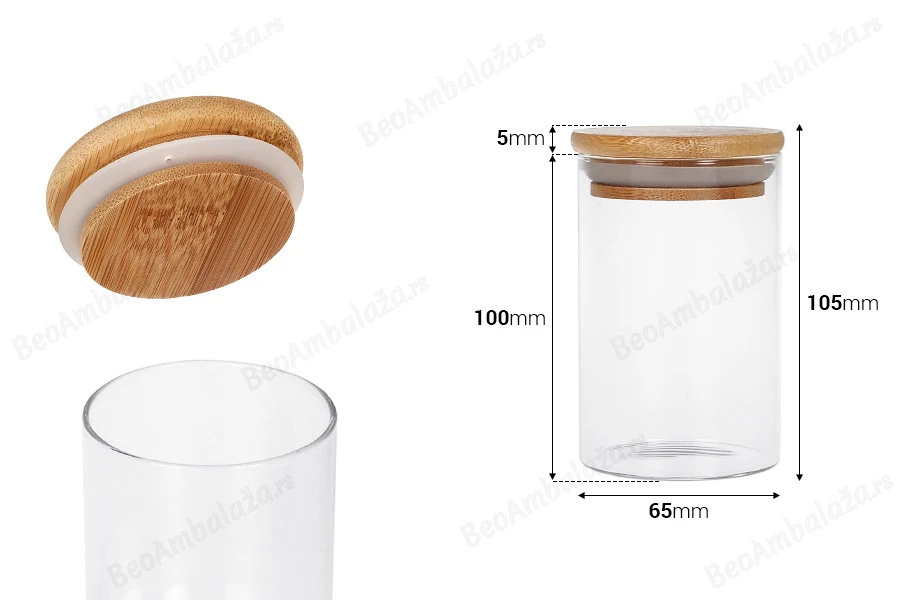 Staklena okrugla tegla 250mL, sa drvenim zatvaračem i gumicom-dimenzije_slike
