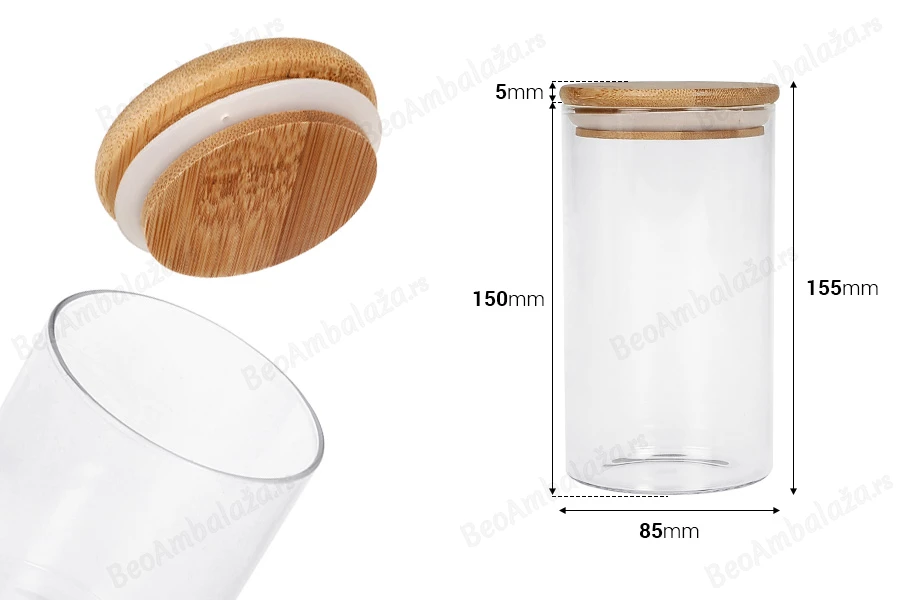 Staklena okrugla teglica 700mL, sa drvenim poklopcem i gumicom-dimenzije_slike