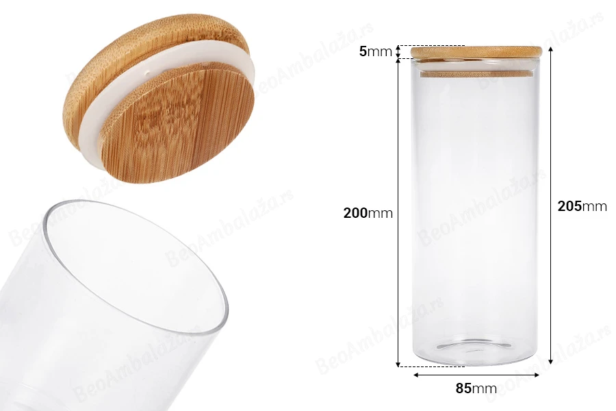 Staklena okrugla teglica 1000mL, sa drvenim poklopcem i gumicom-dimenzije_slike