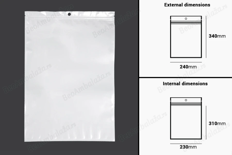 Plastična zip kesica 240x340mm sa belom zadnjom i providnom prednjom stranom i rupom za kačenje - 100 kom-dimenzije_slike