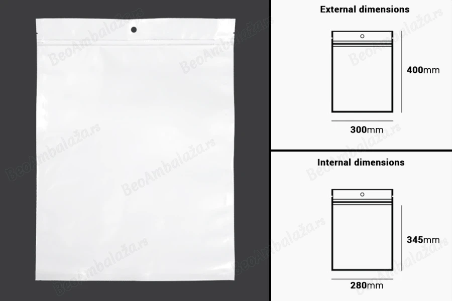 Plastična zip kesica 300x400mm sa belom zadnjom i providnom prednjom stranom i rupom za kačenje - 100 kom-dimenzije_slike
