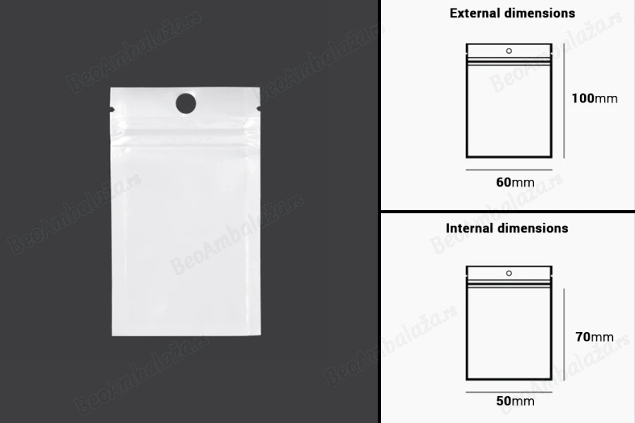 Plastična zip kesica 60x100mm sa belom zadnjom i providnom prednjom stranom i rupom za kačenje - 100 kom-dimenzije_slike