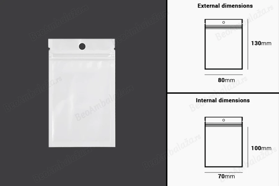 Plastična zip kesica 80x130mm sa belom zadnjom i providnom prednjom stranom i rupom za kačenje - 100 kom-dimenzije_slike