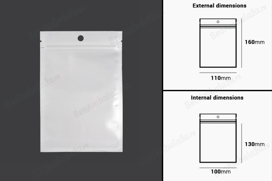 Plastična zip kesica 110x160mm sa belom zadnjom i providnom prednjom stranom i rupom za kačenje - 100 kom-dimenzije_slike