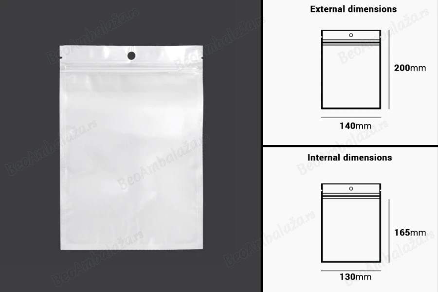 Plastična zip kesica 140x200mm sa belom zadnjom i providnom prednjom stranom i rupom za kačenje - 100 kom-dimenzije_slike