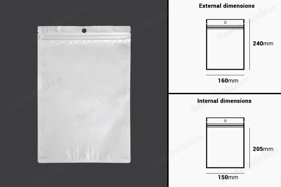 Plastična zip kesica 160x240mm sa belom zadnjom i providnom prednjom stranom i rupom za kačenje - 100 kom-dimenzije_slike