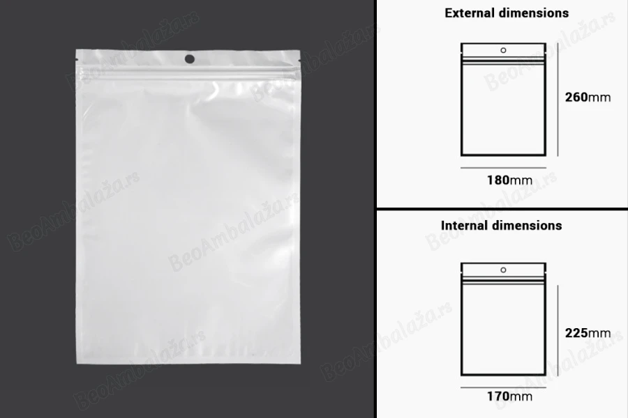 Plastična zip kesica 180x260mm sa belom zadnjom i providnom prednjom stranom i rupom za kačenje - 100 kom-dimenzije_slike