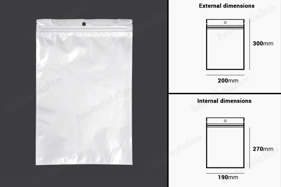 Plastična zip kesica 200x300mm sa belom zadnjom i providnom prednjom stranom i rupom za kačenje - 100 kom-dimenzije_slike
