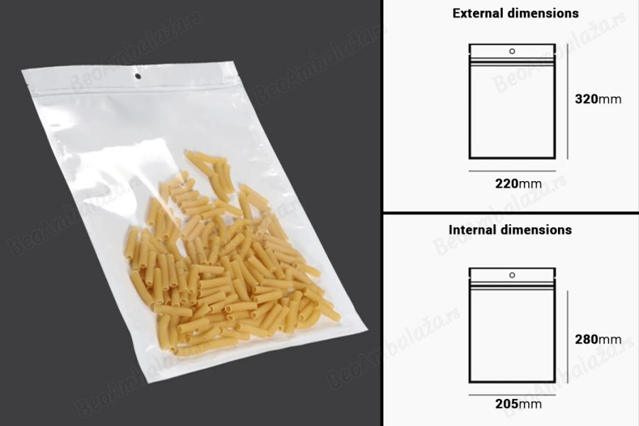 Plastična zip kesica 220x320mm sa belom zadnjom i providnom prednjom stranom i rupom za kačenje - 100 kom-dimenzije_slike
