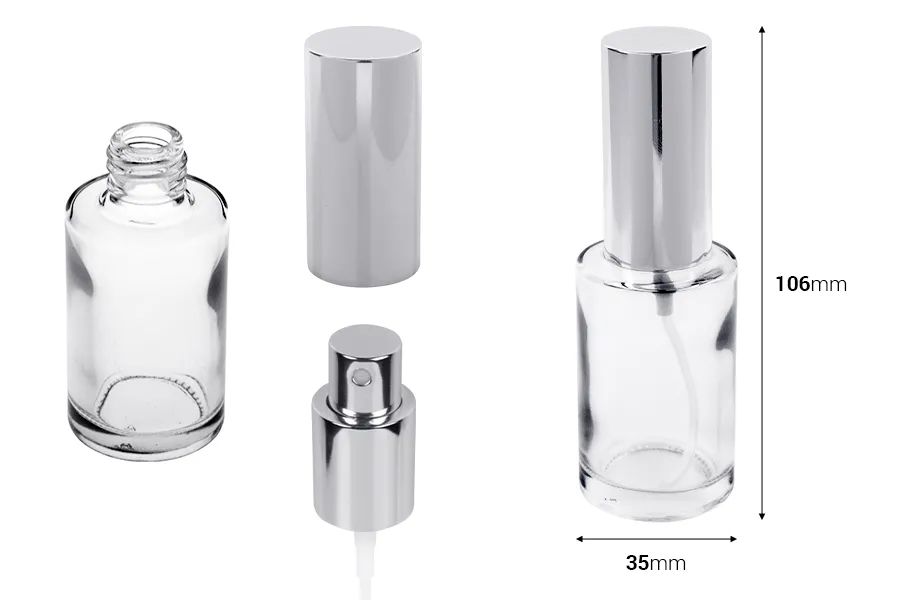 Okrugla parfemska bočica 30 ml sa aluminijumskim sprejom srebrne boje - (minimalna porudžbina 1 kutija)