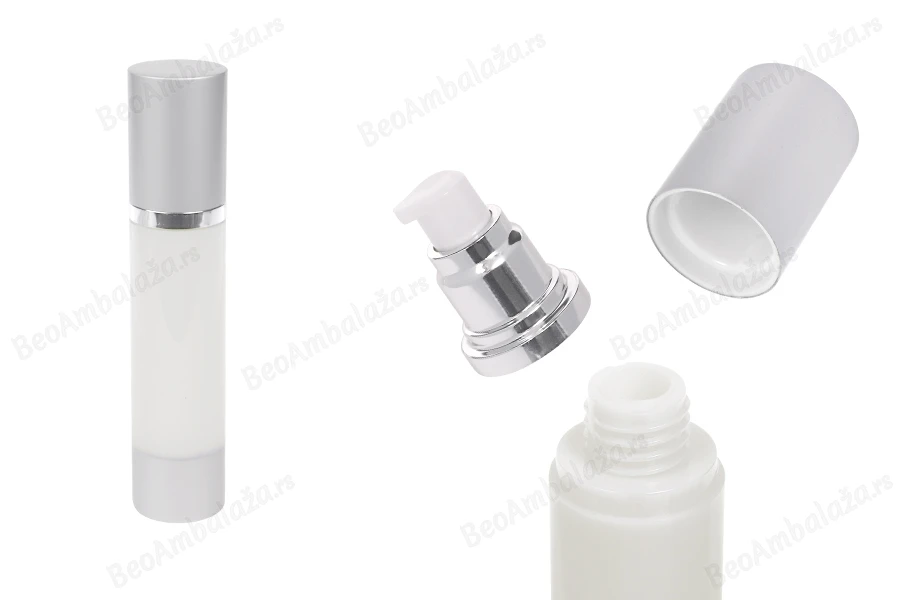 Airless plastična bočica 50mL za kreme sa aluminijumskom osnovom i zatvaračem u srebrnoj boji-slika_proizvoda