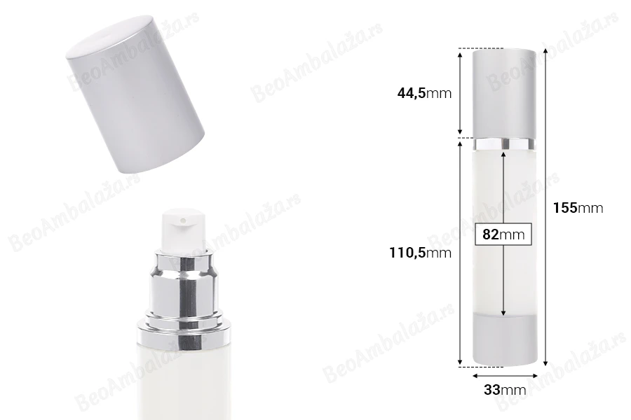 Airless plastična bočica 50mL za kreme sa aluminijumskom osnovom i zatvaračem u srebrnoj boji-dimenzije_slike