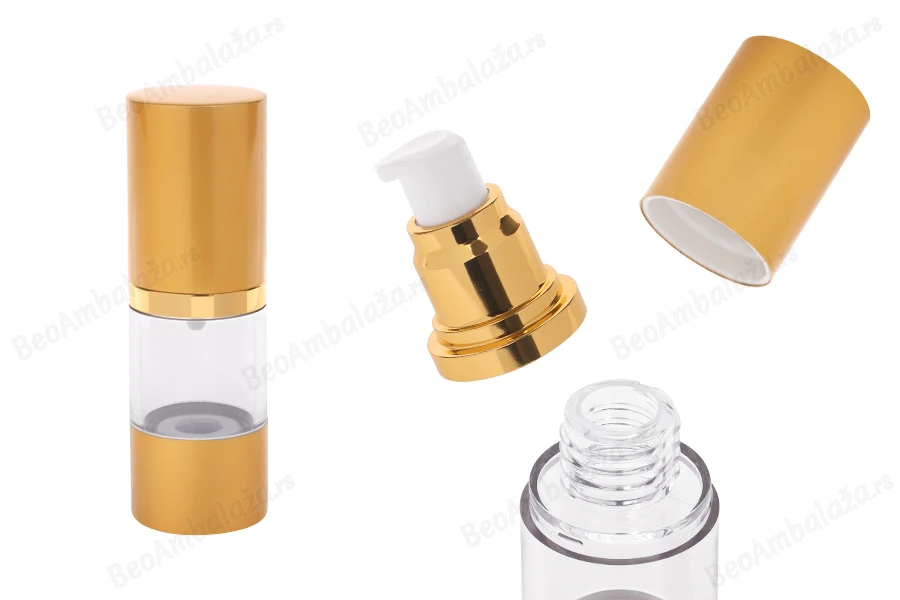Airless plastična flašica 15mL za kreme sa aluminijumskom osnovom i aluminijumskim zatvaračem u MAT zlatnoj boji-slika_proizvoda