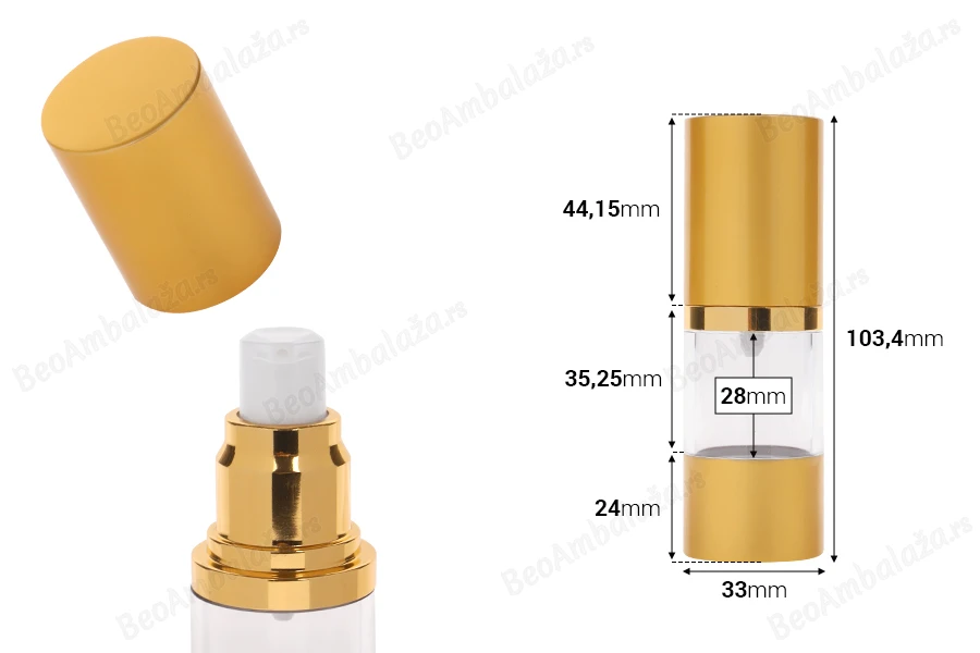 Airless plastična flašica 15mL za kreme sa aluminijumskom osnovom i aluminijumskim zatvaračem u MAT zlatnoj boji-dimenzije_slike