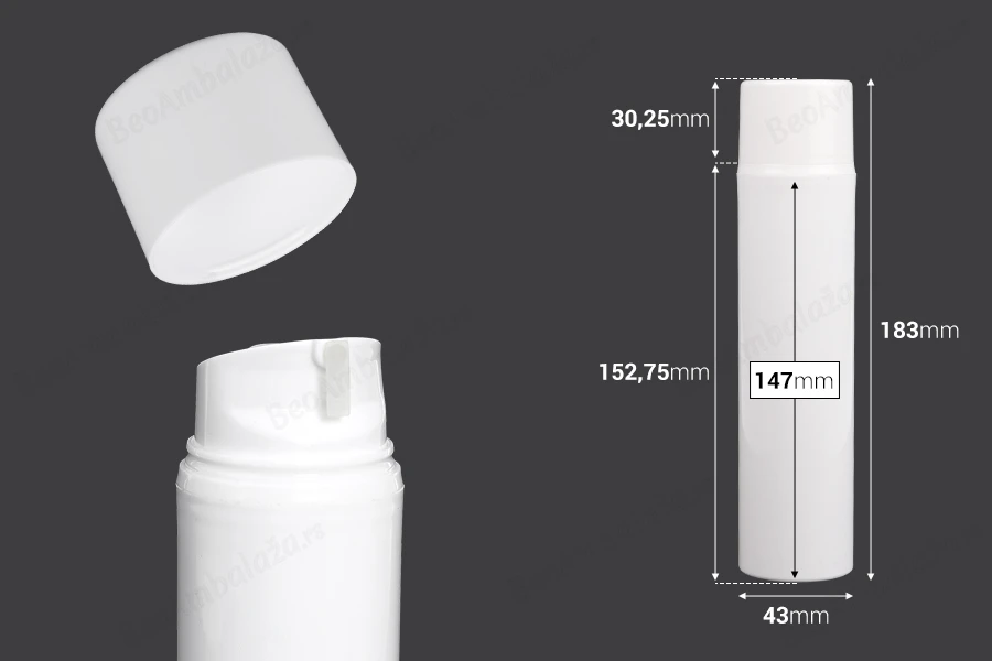 Airless bela plastična bočica 150mL za kreme-dimenzije_slike
