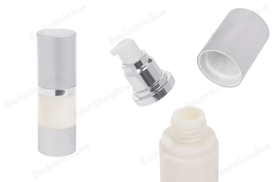 Airless plastična flašica 15mL za kreme sa aluminijumskom osnovom i zatvaračem u srebrnoj boji-slika_proizvoda