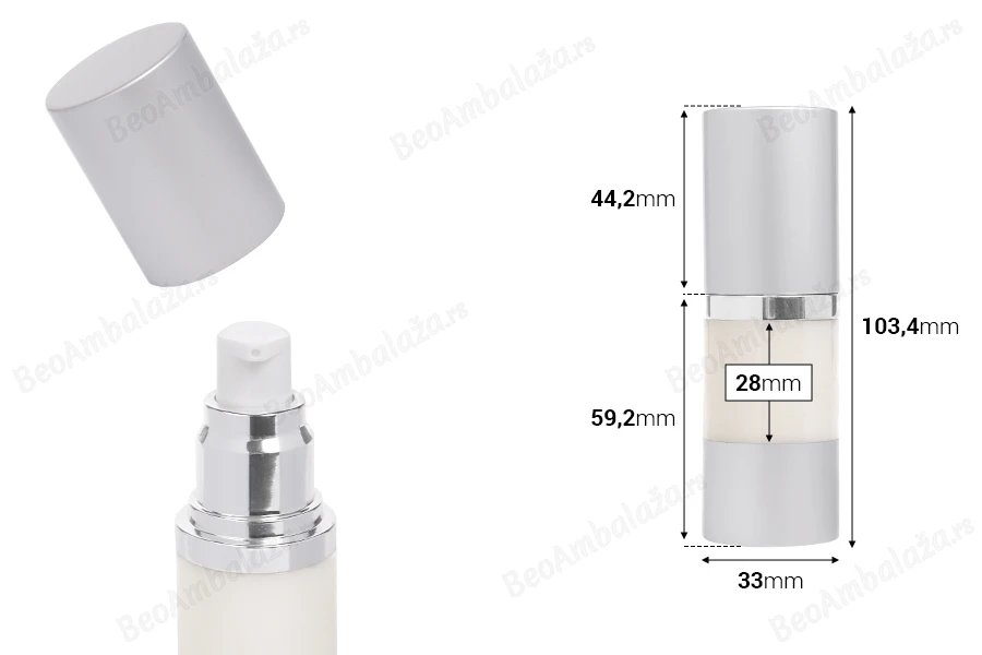 Airless plastična flašica 15mL za kreme sa aluminijumskom osnovom i zatvaračem u srebrnoj boji-dimenzije_slike
