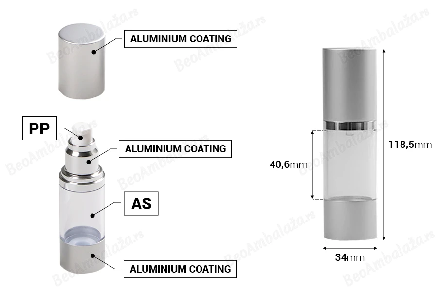 Airless akrilna bočica 30mL za kreme sa aluminijumskom osnovom i zatvaračem u 2 boje-dimenzije_slike