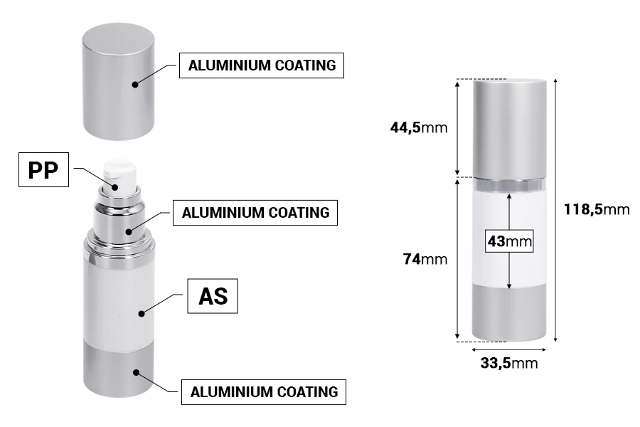 Airless plastična bela bočica 30mL za kreme sa aluminijumskom osnovom i zatvaračem u MAT srebrnoj boji Airless plastična bela bočica 30mL za kreme sa aluminijumskom osnovom i zatvaračem u MAT srebrnoj boji