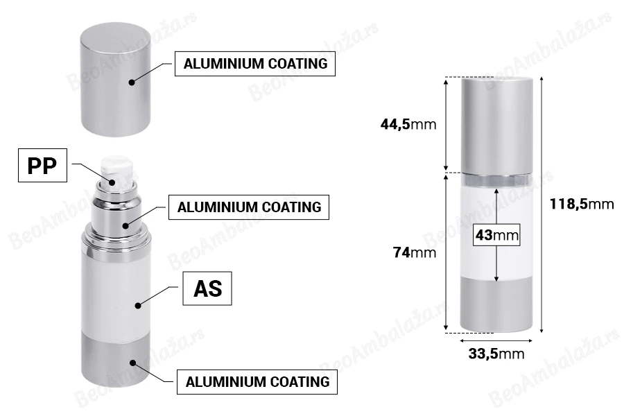 Airless plastična bela bočica 30mL za kreme sa aluminijumskom osnovom i zatvaračem u MAT srebrnoj boji-dimenzije_slike