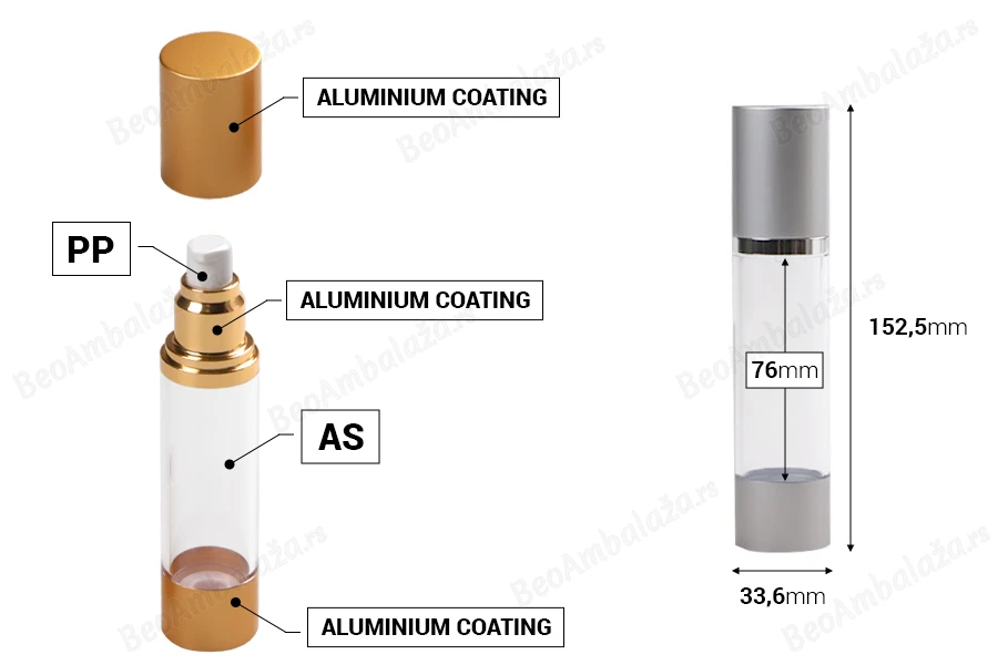 Airless akrilna bočica 50mL za kreme sa aluminijumskom osnovom i zatvaračem u 2 boje-dimenzije_slike