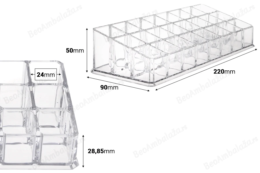 Stalak (postolje) od pleksiglasa 220x90x50mm sa 3 nivoa (24 mesta)-dimenzije_slike